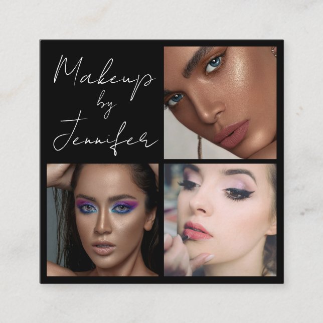 Elegant Black White Script 3 Photo Makeup Square Business Card (Front)