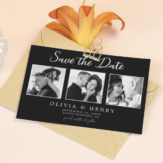 Elegant Black & White Script 3 Photo Wedding  Save The Date