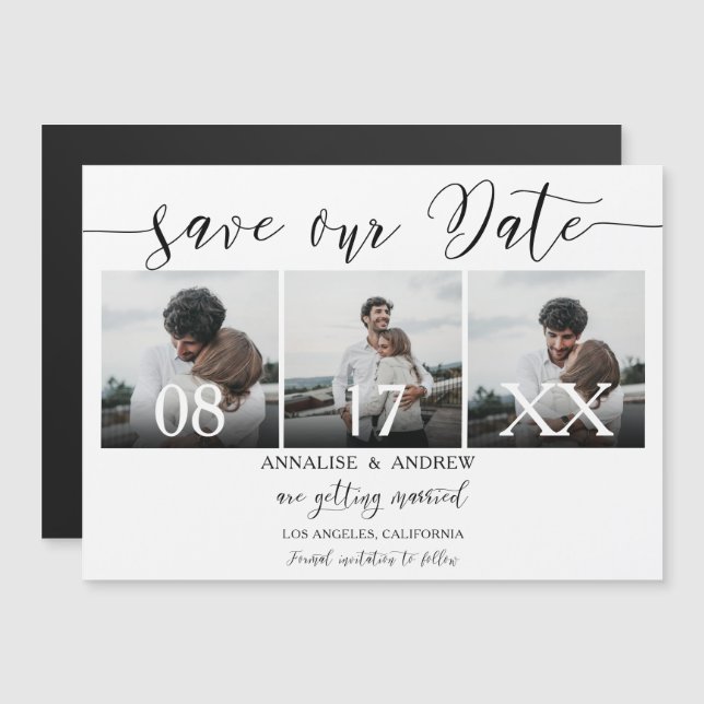 Elegant black white script 3 photos save the date (Front/Back)