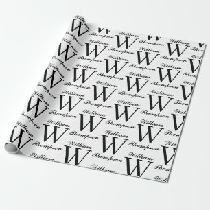 Elegant Black & White Script Calligraphy Monogram Wrapping Paper
