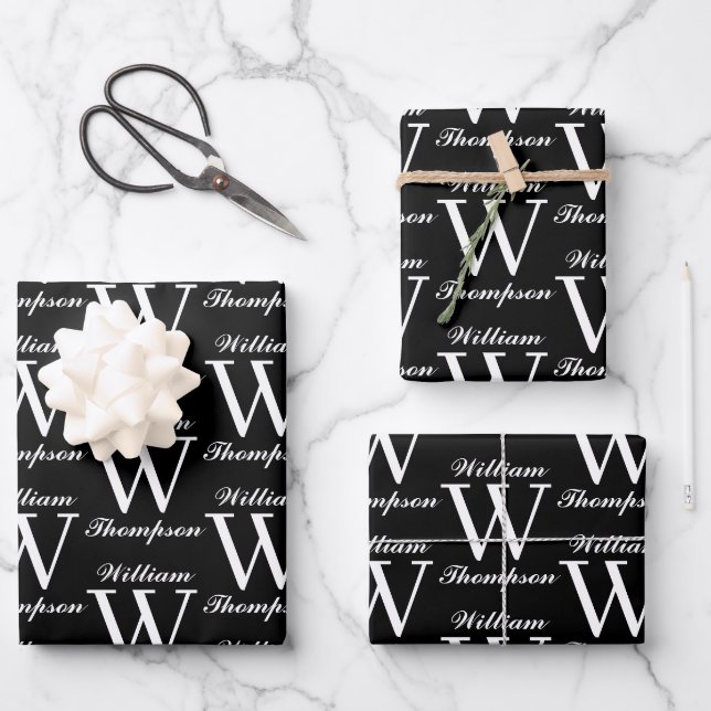 Elegant Black & White Script Calligraphy Monogram Wrapping Paper Sheet (Front)