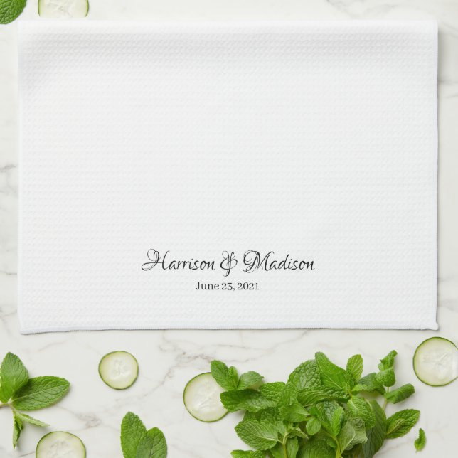 Elegant black white script custom Wedding favours  Kitchen Towel (Folded)