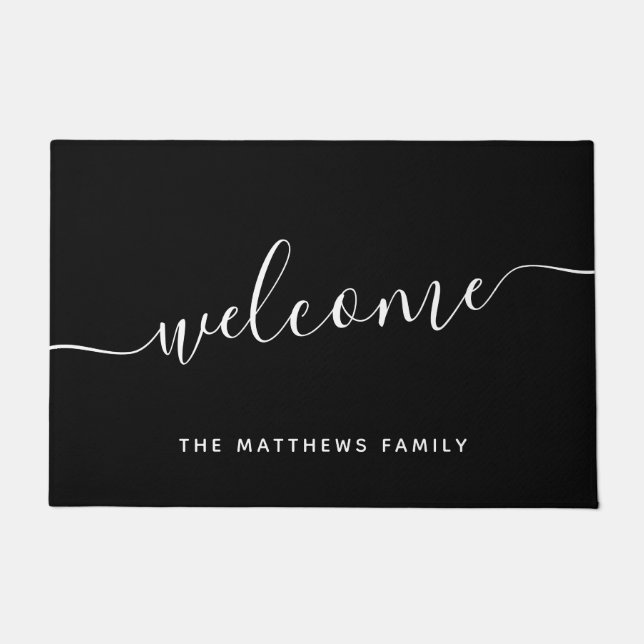 Elegant Black White Script Family Name Welcome Doormat (Front)