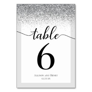Elegant Black White Script Glitter Wedding Table Number
