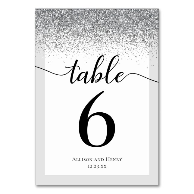 Elegant Black White Script Glitter Wedding Table Number (Front)