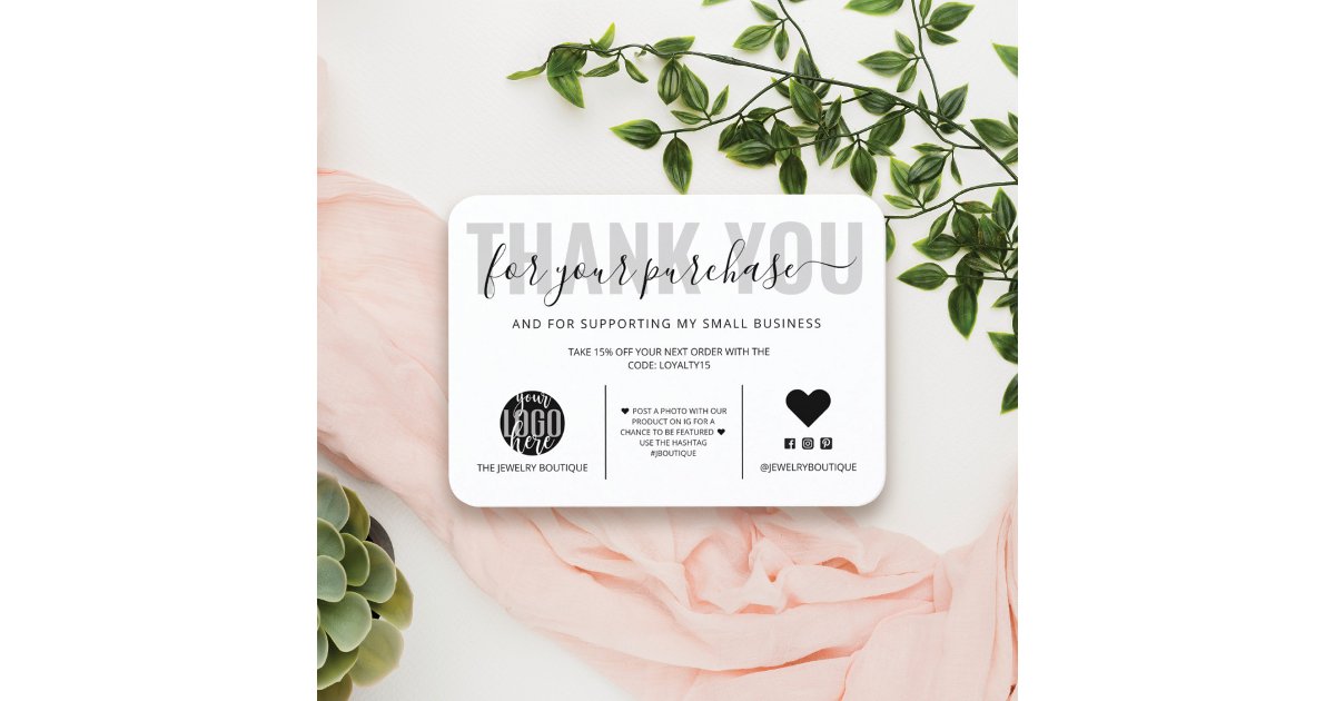 Elegant Black White Script Logo Customer Thank You Business Card | Zazzle