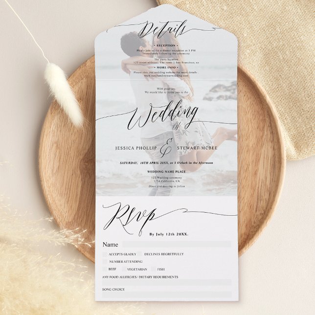 Elegant black white script modern photo wedding all in one invitation (Creator Uploaded)