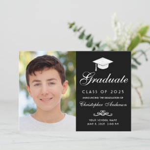 Elegant Black White Script Photo Graduation Announcement