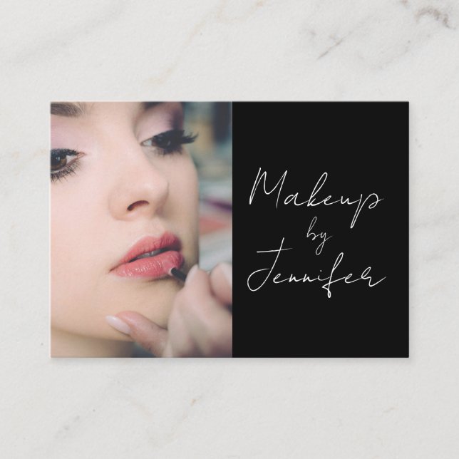 Elegant Black White Script Photo Makeup Business Card (Front)