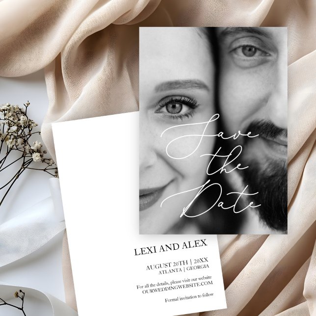 Elegant Black White Script Photo Save The Date (Creator Uploaded)