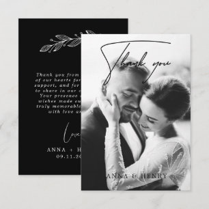 Elegant Black & White Script Photo Wedding  Thank You Card