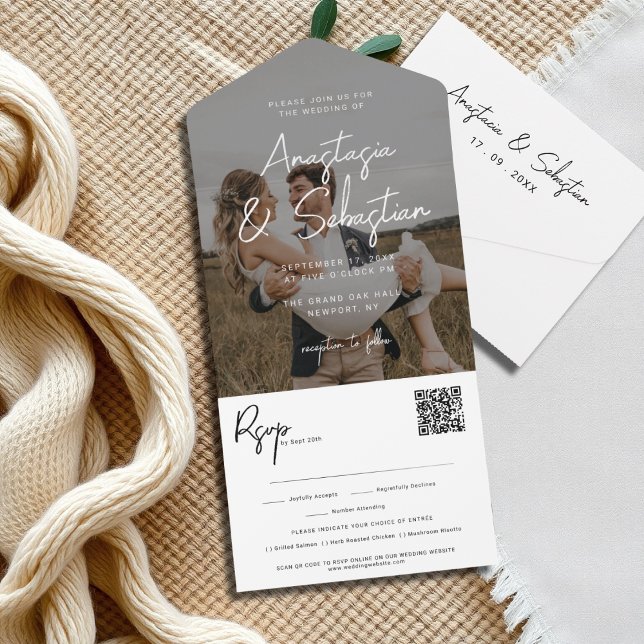 Elegant Black & White Script QR Code Photo Wedding All In One Invitation (Creator Uploaded)