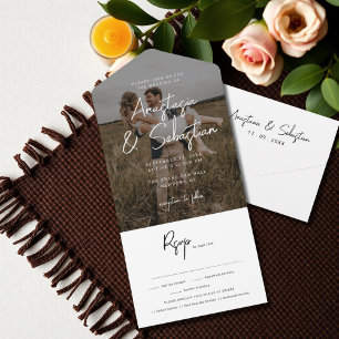 Elegant Black & White Script RSVP Photo Wedding V2 All In One Invitation