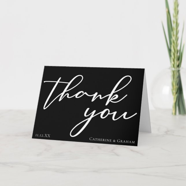 Elegant Black White Script Simple Modern Wedding Thank You Card (Front)
