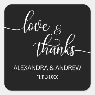 Elegant Black White Script Wedding Love & Thanks Square Sticker
