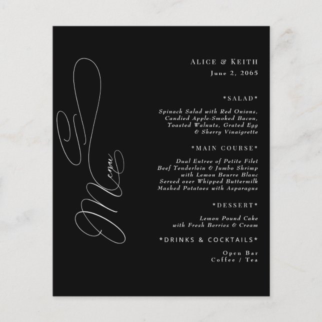 Elegant Black & White Script Wedding Menu (Front)