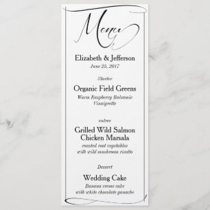 Elegant Black & White Script Wedding Menu Card