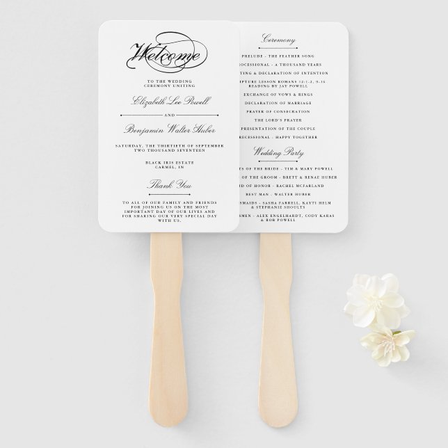 Elegant Black & White Script Wedding Program Hand Fan (Front and Back)