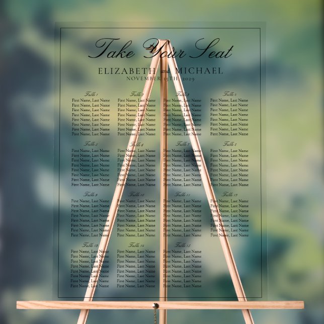 Elegant Black & White Script Wedding Seating Acrylic Sign (Neutral)