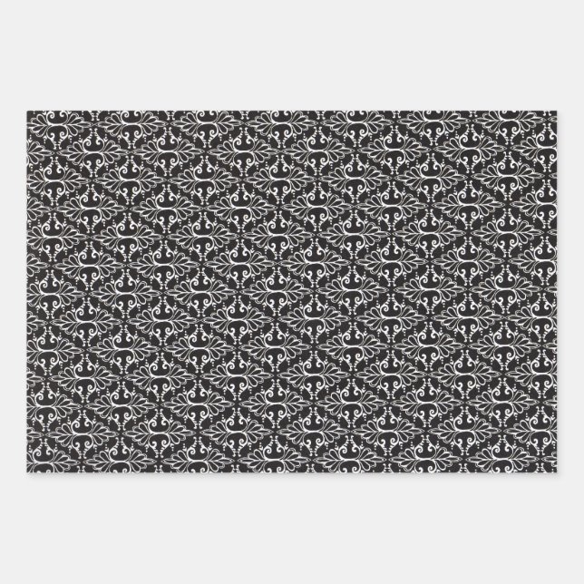 Elegant Black White Scrolled Damask Pattern Wrapping Paper Sheet (Front)