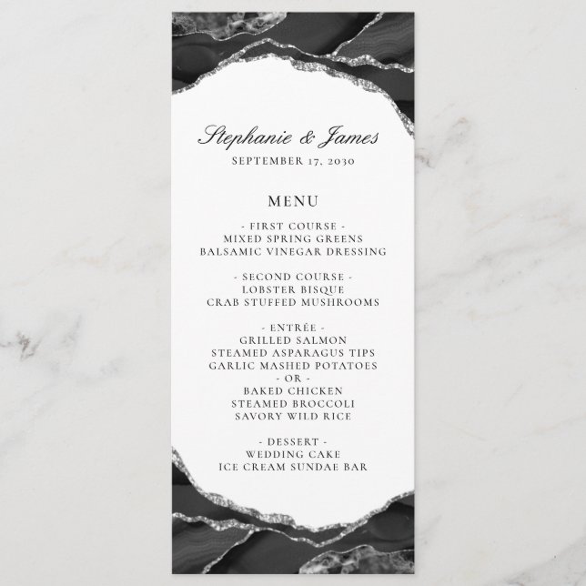 Elegant Black White Silver Foil Agate Wedding Menu (Front)