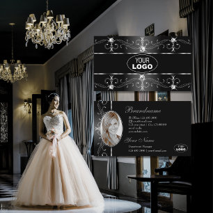 Elegant Black White Silver Ornate Border Logo Foto Business Card
