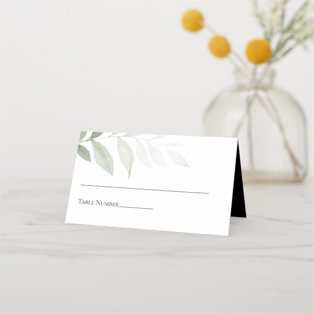Elegant Black White Simple Greenery Wedding Place Card (Front)