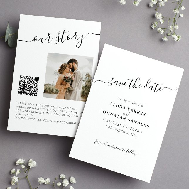 Elegant black white simple photo QR code wedding Save The Date (Creator Uploaded)
