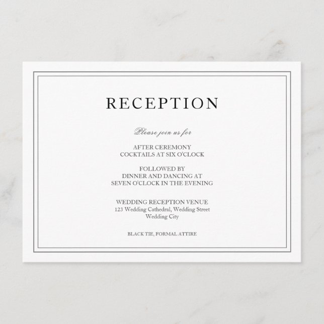 Elegant Black & White Simple Wedding Reception Enclosure Card (Front)