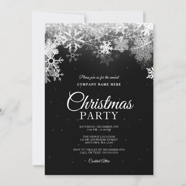Elegant Black White Snowflake Corporate Christmas Invitation (Front)