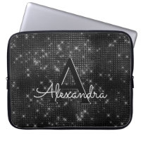 Elegant Black & White Sparkling Stars Monogram