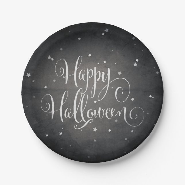 Elegant Black + White Stars Happy Halloween Party Paper Plate (Front)