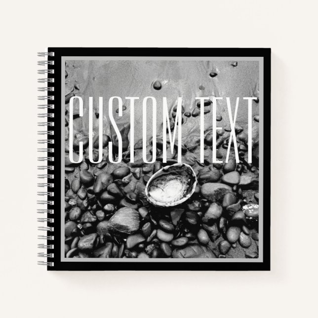 ELEGANT BLACK WHITE STONE SHELL BEACH NATURE PHOTO NOTEBOOK (Front)
