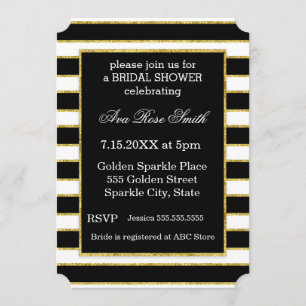 Elegant Black+White Stripe & Gold Bridal Shower Invitation