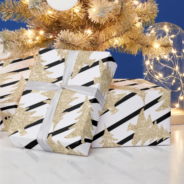 Elegant Black White Stripe Gold Christmas Tree   Wrapping Paper (Holidays)