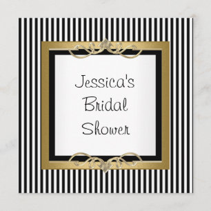 Elegant Black & White Stripe Gold Frame Shower Invitation