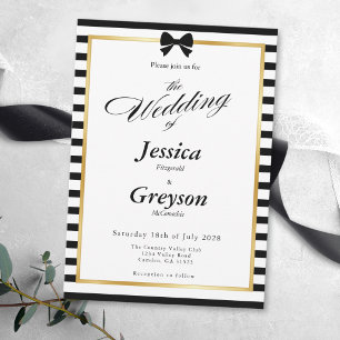 Elegant Black White Stripe Gold Frame Wedding Invitation