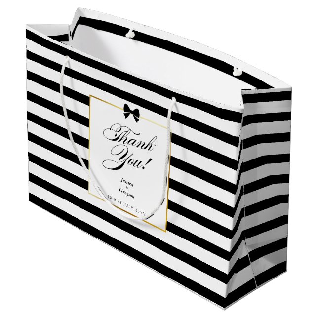 Elegant Black White Stripe Gold Frame Wedding Large Gift Bag (Back Angled)