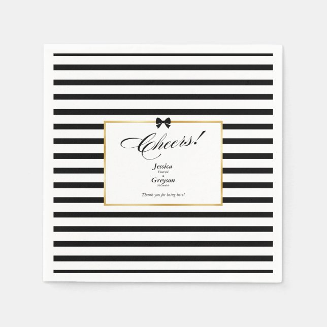 Elegant Black White Stripe Gold Frame Wedding Napkin (Front)