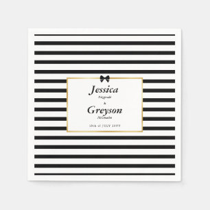 Elegant Black White Stripe Gold Frame Wedding Napkin