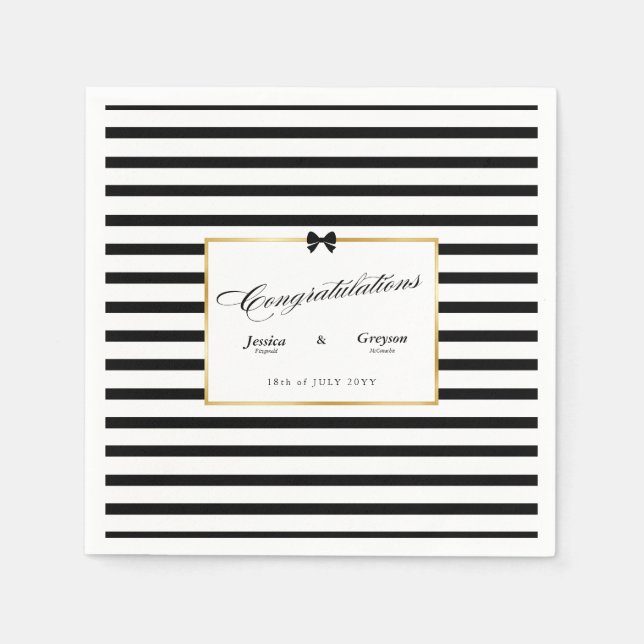 Elegant Black White Stripe Gold Frame Wedding Napkin (Front)