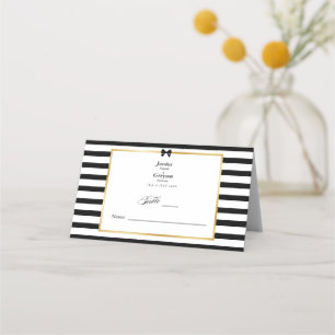 Elegant Black White Stripe Gold Frame Wedding Place Card