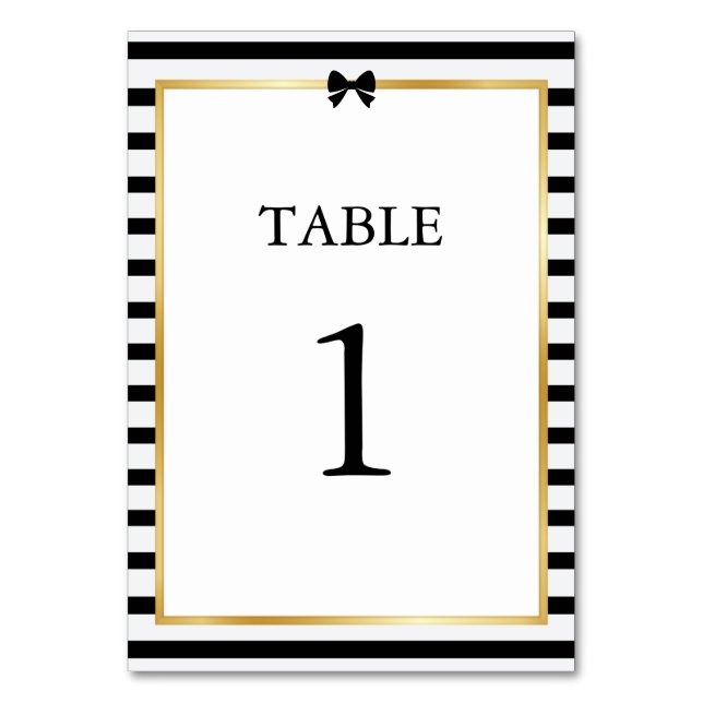 Elegant Black White Stripe Gold Frame Wedding Table Number (Front)
