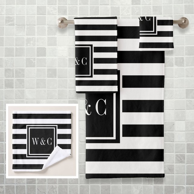 Elegant Black White Stripe Monogram Bath Towel Set (Elegant Black White Stripe Monogram Bath Towel Set)