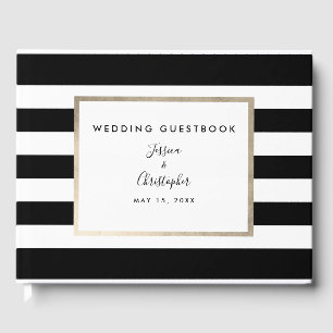 Elegant Black White Stripe Script Rose Gold Foil Guest Book