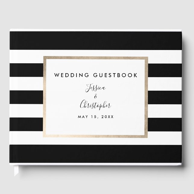 Elegant Black White Stripe Script Rose Gold Foil Guest Book (Front)