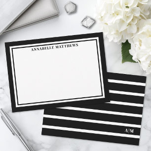Elegant Black White Striped Monogram Card