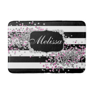 Elegant Black White Stripes Diamond Pink Bath Mat