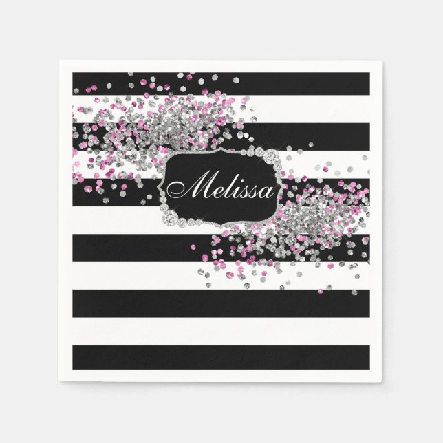 Elegant Black White Stripes Diamond Pink Bath Mat Napkin (Front)