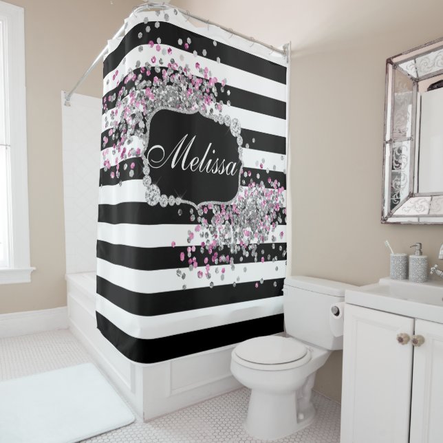 Elegant Black White Stripes Diamond Pink Sparkles  (In Situ)